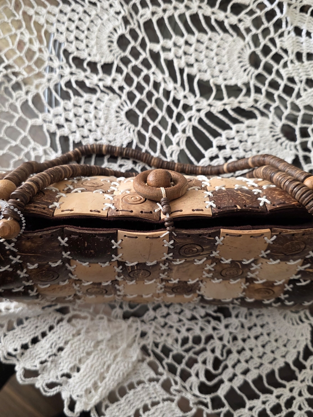 Coconut Shell Checkerboard Handbag Wooden Beaded Handle Boho Artisan Purse - Picture 7 of 8